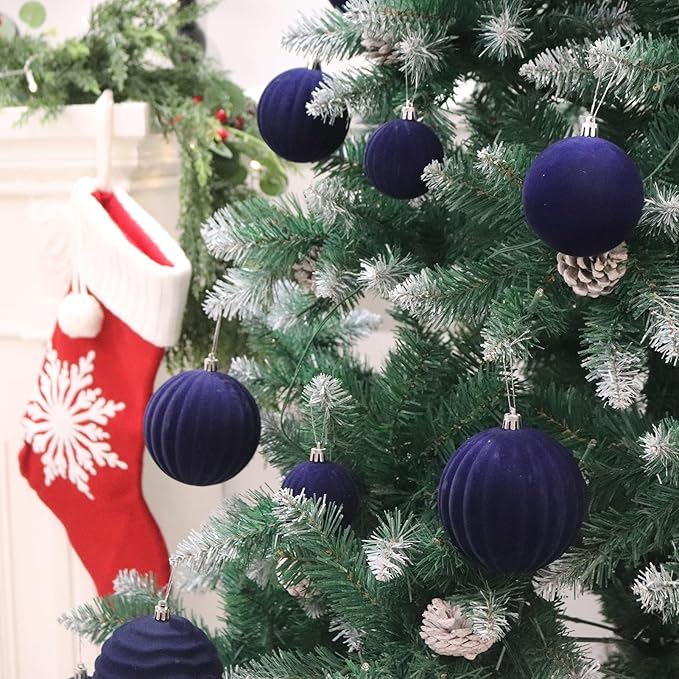 Senjie 4inch Christmas Tree Ornaments Velvet Balls,9PCS Flocked Decoration Balls Ornaments Sets for Christmas 2025 Navy Blue