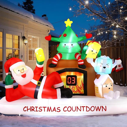 Alupssuc 8 FT Christmas Inflatable Outdoor Decorations with LED Christmas Countdown Clock, Santa,Tree,Fireplace and Gift Boxes, Lighted Blow Up Lawn Yard Clearance for Indoor Xmas Holiday Party Decor
