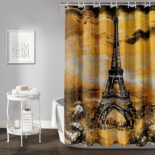 AILONEN Eiffel Tower Shower Curtain,Afterglow Tower Bathroom Fabric Shower Curtain for Boys Kids Teens, 72" W*72" H Vintage Orange & Black Style Paris Tower Bathroom Decor