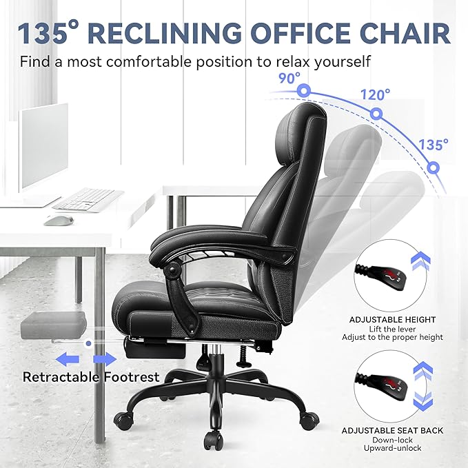 Big and Tall Executive Leather Reclining Office Chair with Footrest and Lumbar Support