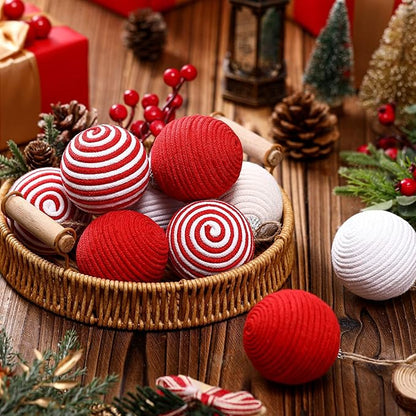 Syhood 9 Pcs 2.36 Inch Christmas Ball Ornaments Boho Farmhouse Jute Rope Hanging Balls Burlap Neutral Rustic Ornaments for Xmas Tree Holiday Wreath Garland Wedding Home(Red, White, Red and White)