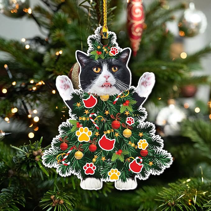 Tuxedo Cat Christmas Ornament - Adorable Cat Dressed as a Tree - Black and White Festive Holiday Decoration