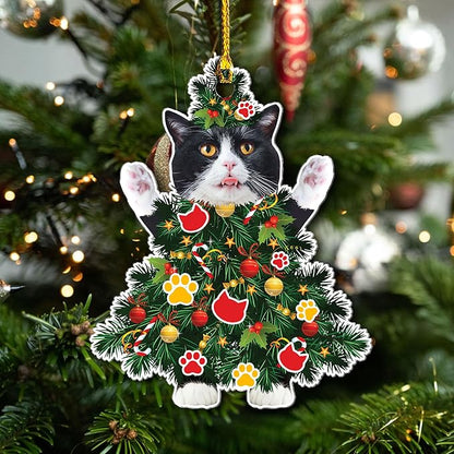 Tuxedo Cat Christmas Ornament - Adorable Cat Dressed as a Tree - Black and White Festive Holiday Decoration