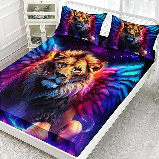 AILONEN Lion Fitted Sheet Set Twin XL Size, 3 Pieces Printed Evening Starry Wings Lion Bed Sheet Set,Colorful Tie Dye Rainbow Fitted Sheet with 2 Pillowcases