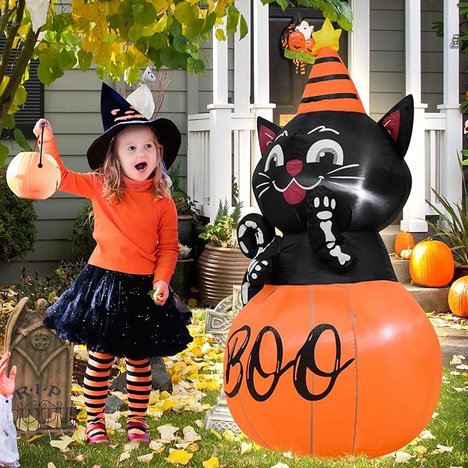 4FT Halloween Inflatable Decor Pumpkin Cat Helloween Blow Up Decoration with LED Lights Indoor Outdoor Yard Graden Party Holiday Decor