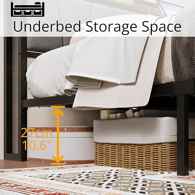 LIKIMIO Queen Bed Frame, Storage Headboard with Charging Station, Solid and Stable, Noise Free, No Box Spring Needed, Easy Assembly