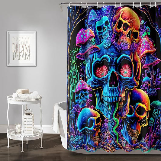 AILONEN Mushroom Skull Shower Curtain for Bathroom,Purple Mushroom Skull Bath Curtain,Fantasy Fairy Skull Skeleton Decoration Bathroom Waterproof Shower Curtain with 12 Plastic Hooks, 72" W*78" H