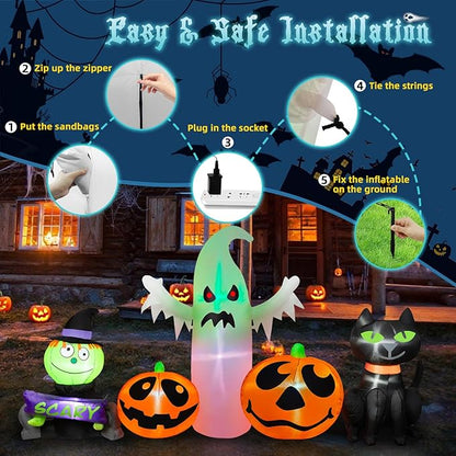 8FT Long Halloween Inflatable Outdoor Decorations Pumpkin Ghost and Black Cat Inflatable Yard Decoration with Build in LEDs Blow Up Ghost for Indoor Outdoor Party Lawn Yard Garden Decor