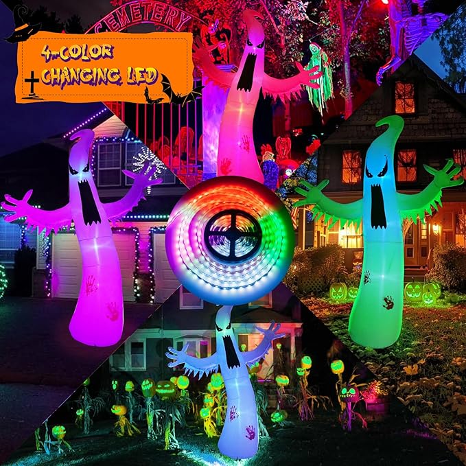 Gardwin 12ft High Halloween Inflatable Ghost Outdoor Decoration, Halloween Blow Up Yard Decoration with Built-in 4 Color LED, Inflatable Halloween Decorations for Indoor and Outdoor Party, Garden Lawn