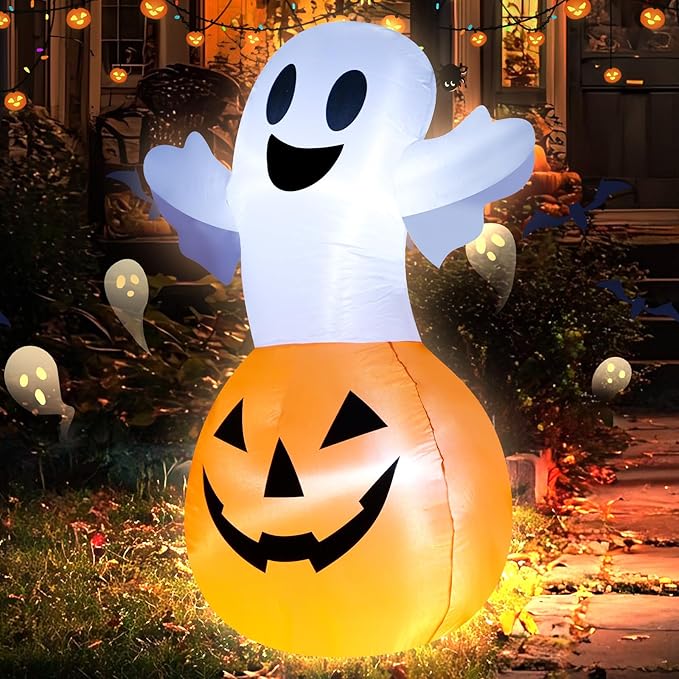 TRMESIA 4FT Halloween Inflatable Decor White Ghost Pumpkin with LED Lights Indoor Outdoor Blow Up Decoration Halloween Party Holiday Decoration