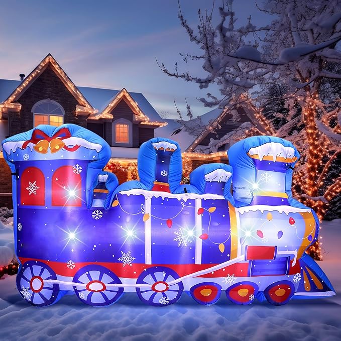 VIHOSE 8 ft Length Christmas Polar Train Inflatable Outdoor Decoration Christmas Blow Up Polar Train Winter Birthday Photo Props Built-in LED Light for Xmas Birthday Party Holiday