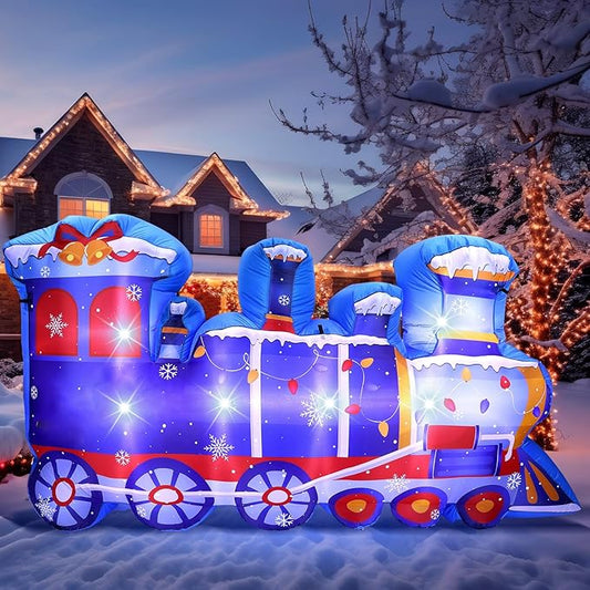 VIHOSE 8 ft Length Christmas Polar Train Inflatable Outdoor Decoration Christmas Blow Up Polar Train Winter Birthday Photo Props Built-in LED Light for Xmas Birthday Party Holiday
