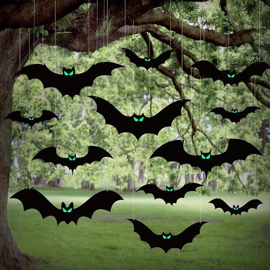 16Pcs Halloween Hanging Bats Decorations Outdoor, Large Flying Bats with Glowing Eyes for Halloween Tree Hanging Decorations Outside…