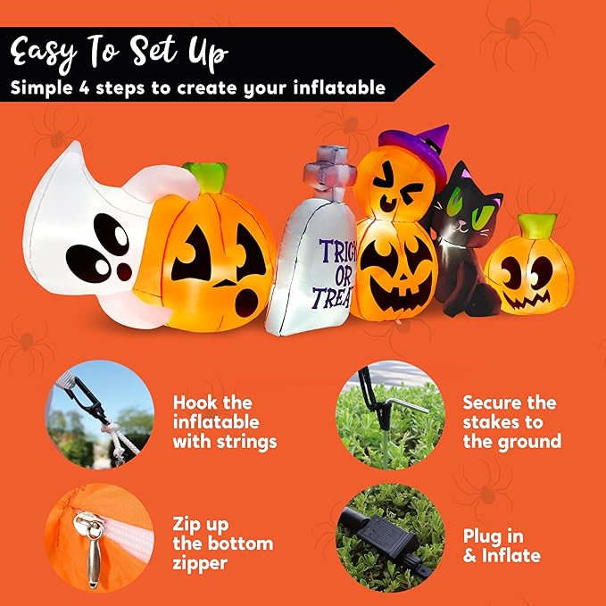 Joiedomi 8 FT Long Halloween Inflatables Outdoor Decoration, Halloween Blow Up Decorations Outside Inflatable Pumpkin Ghost Cat Tombstone with LEDs for Yard Decor