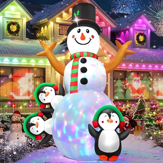 6.3 FT Christmas Inflatable Snowman Outdoor Decoration with Build-in Multicolor LEDs, Snowman with 3 Penguins Blow Up Inflatables Christmas for Yard Garden Lawn Xmas Holiday Decor