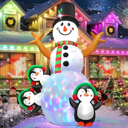 6.3 FT Christmas Inflatable Snowman Outdoor Decoration with Build-in Multicolor LEDs, Snowman with 3 Penguins Blow Up Inflatables Christmas for Yard Garden Lawn Xmas Holiday Decor