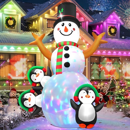 6.3 FT Christmas Inflatable Snowman Outdoor Decoration with Build-in Multicolor LEDs, Snowman with 3 Penguins Blow Up Inflatables Christmas for Yard Garden Lawn Xmas Holiday Decor