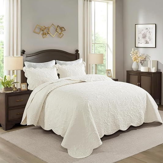 HoneiLife Queen Quilt Bedding Set - Microfiber Quilt Sets for Queen Bed, 3-Piece Lightweight Bedspreads,Reversible Coverlets Rustic Bedlinen Sets, Floral Bedding Set All Season Quilts-Beige
