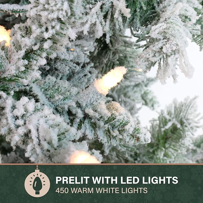 Fraser Hill Farm 6.5-Ft. Slim Mountain Pine Flocked Artificial Christmas Tree with Warm White LED Lights and Stand, Prelit Foldable Fake Tree with Realistic Snowy Foliage for Home Decoration