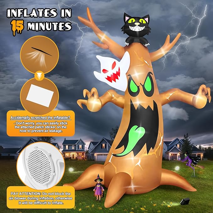 20FT Halloween Inflatable Tree with LED Light, Kalolary Giant Ghost Tree Inflatable Halloween Blow-Up Outdoor Decoration Black Cat Halloween Yard Inflatable for Courtyard Lawn Shopping Mall Street