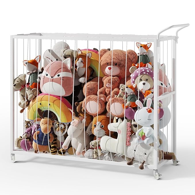 BBLIKE Stuffed Animal Storage Tower Rolling Cart - Zoo Cage Organizer for Kids' Plush Toys - Extra Large Storage Holder for Stuffy, Plushies & More in Playroom or Bedroom, 214L, White