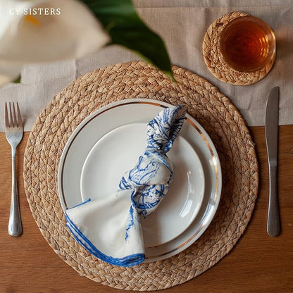 Round Woven Placemats Set of 6 with 6 Coasters Natural Water Hyacinth Place Mats, 13.5 Inch Rattan Placemats Wicker Farmhouse Boho Straw Heat Resistant Outdoor Placemats Patio Table Mats