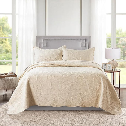 HoneiLife Oversized Bedspread Quilt Sets - 3 Piece California King Quilt Microfiber Bedspreads Reversible Coverlets Lightweight Bed Cover Paisley Bedding Sets All Season Quilts-111 x106-Khaki