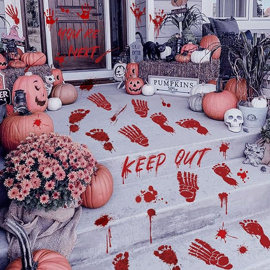 105 Pcs Bloody Halloween Decorations Bloody Footprints Floor Stickers Handprint Window Stickers Halloween Indoor Outdoor Wall Window Floor Stickers Decals (10 Sheets)