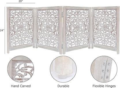 Wooden Foldable Pet Dog Safety Gate - 4 Panel 20" W x 24" H - Hand Carved Suzani Free Standing Portable Indoor Puppy Gate - Doorway Hall Stairs Dog Fence - Assembled - White Wash - IRONGATE