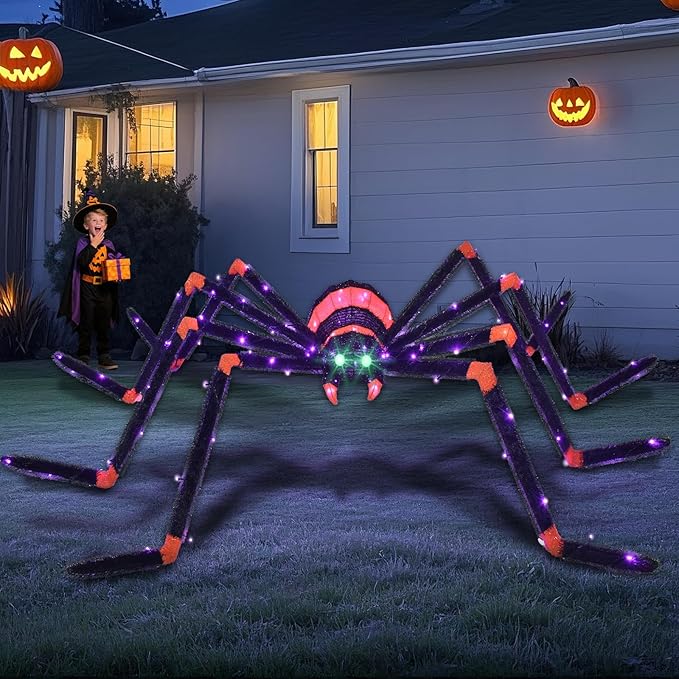 HOYECHI Halloween Decorations Giant Spider 6.8ft - Big Spider Holiday Decor Outdoor, Light Up Spider with 115 LED Lights for Front Yard Porch Gardens Party Outside Halloween Decorations - Black