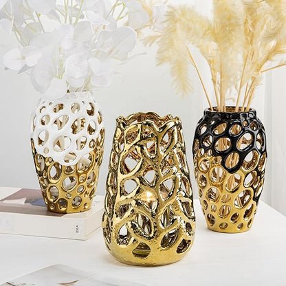 Black and Gold Vases for Centerpieces, Openwork Ceramic Flower Vase 8.7" Hollowed Decorative Pampas Grass Vase Gold Table Decor for Home Living Room Dinner Room Bedroom Office Wedding