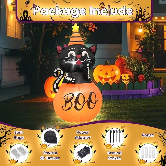 4FT Halloween Inflatable Decor Pumpkin Cat Helloween Blow Up Decoration with LED Lights Indoor Outdoor Yard Graden Party Holiday Decor