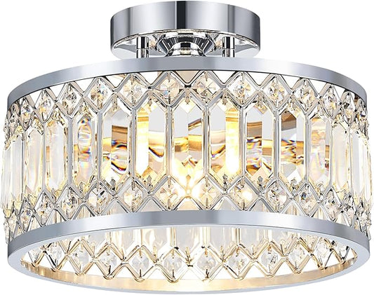 Crystal Ceiling Light Fixture, Modern Semi Flush Mount Ceiling Light, Chrome Lighting Fixtures Ceiling Lamp for Hallway, Kitchen, Entryway, Bedroom, Laundry Room, 1-Light, 11.4 Inch