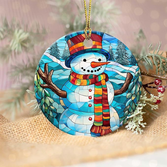 Snowman Ornament Round Ceramic Stained Glass Style Ornament Xmas Keepsake for Christmas Tree Winter Holiday Xmas Gift for Women Men Xmas Hanging Ornament 3"