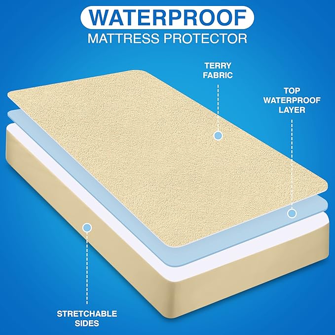 Utopia Bedding Waterproof Mattress Protector King Size, Premium Terry Mattress Cover 200 GSM, Breathable, Fitted Style with Stretchable Pockets (Beige)