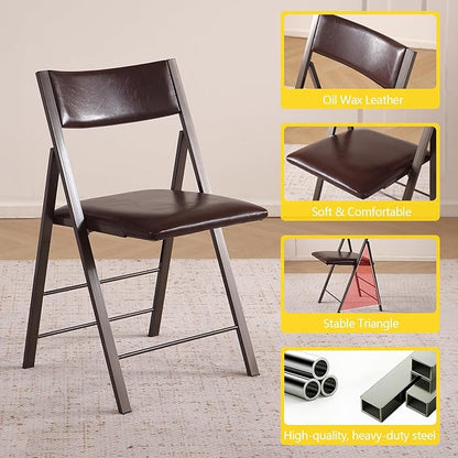 Folding Chairs with Cushion 2 Pack - Heavy Duty Steel Frame Foldable Dining Chairs, Waterproof Leather Indoor Outdoor Comfortable Folding Chairs for Home, Conference Rooms, Weddings, Events (Brown)