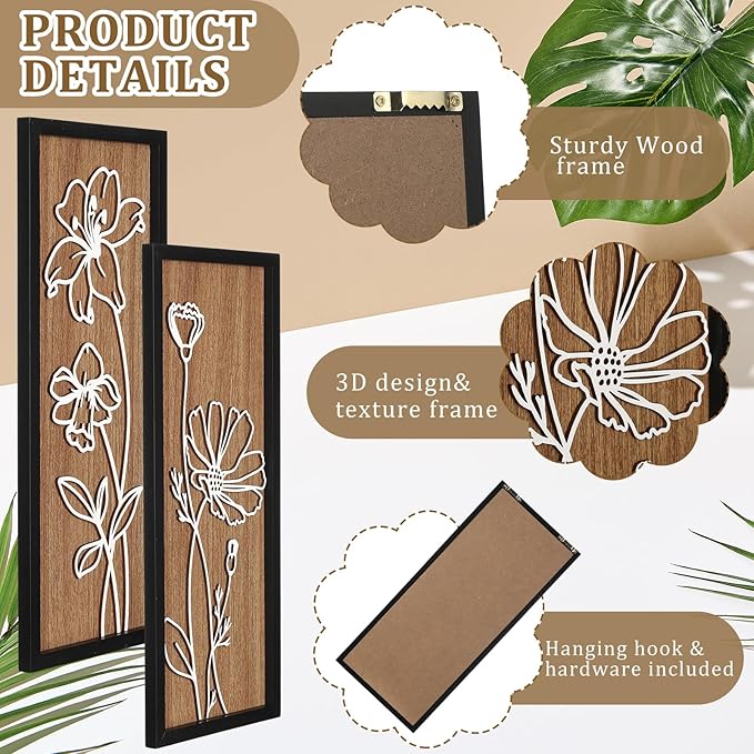 Wesiti 3D Wooden Floral Wall Art Set of 4 Lightweight Ready to Hang Framed Flower Wall Decor for Living Room Bedroom Office Boho Botanical Rustic Farmhouse Decorations Gift Boxed