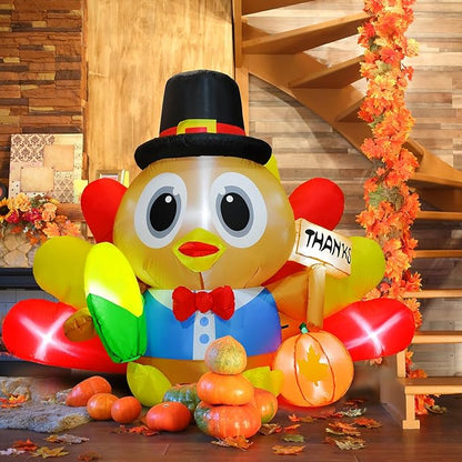 BOHON 5.3 FT Long Inflatable Turkey Outdoor Thanksgiving Decoration with Colorful Big Tail & Pilgrim Hat, Built-in LED Lights, Blow Up Yard Decoration for Yard Indoor Party Garden Lawn Decor