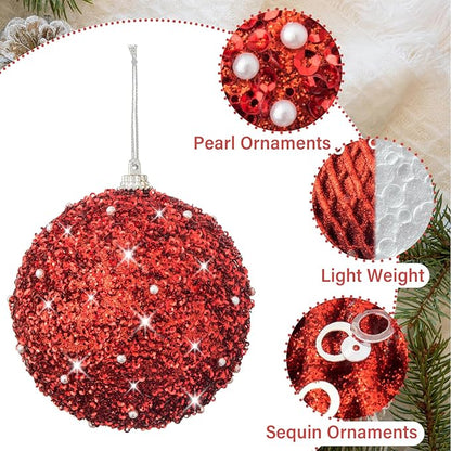 6pcs 3.94" Christmas Ball Ornaments Glitter Shatterproof Christmas Tree Ornaments Sequin Xmas Hanging Balls Decorations for Wedding Party Holiday(Red, 6pc-10cm)