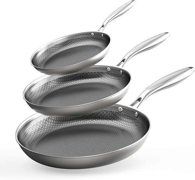 COOKER KING Non-toxic Frying Pans Set of 3 (8+10+12 Inch), Tri Ply Stainless Steel Pans, Induction Pan Set, Chef's Pan, Skillets Dishwasher & Oven Safe, Stay-Cool Handles, Compatible with All Cooktops