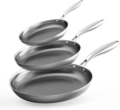 COOKER KING Non-toxic Frying Pans Set of 3 (8+10+12 Inch), Tri Ply Stainless Steel Pans, Induction Pan Set, Chef's Pan, Skillets Dishwasher & Oven Safe, Stay-Cool Handles, Compatible with All Cooktops