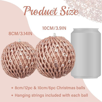 6pcs 3.94" Christmas Ball Ornaments Glitter Shatterproof Christmas Tree Ornaments Sequin Xmas Hanging Balls Decorations for Wedding Party Holiday(Rose Gold, 6pc-10cm)