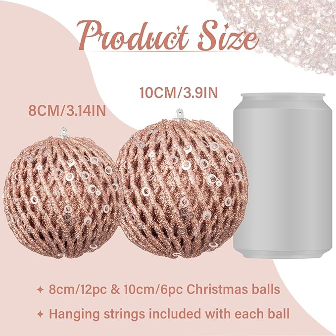 3.15" Christmas Ball Ornaments Glitter Shatterproof Christmas Tree Ornaments Sequin Xmas Hanging Balls Decorations for Wedding Party Holiday(Rose Gold, 12pc-8cm)