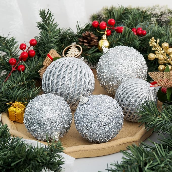 3.15" Christmas Ball Ornaments Glitter Shatterproof Christmas Tree Ornaments Sequin Xmas Hanging Balls Decorations for Wedding Party Holiday(Silver, 12pc-8cm)