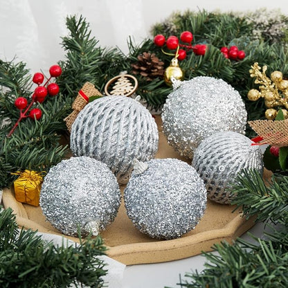 3.15" Christmas Ball Ornaments Glitter Shatterproof Christmas Tree Ornaments Sequin Xmas Hanging Balls Decorations for Wedding Party Holiday(Silver, 12pc-8cm)