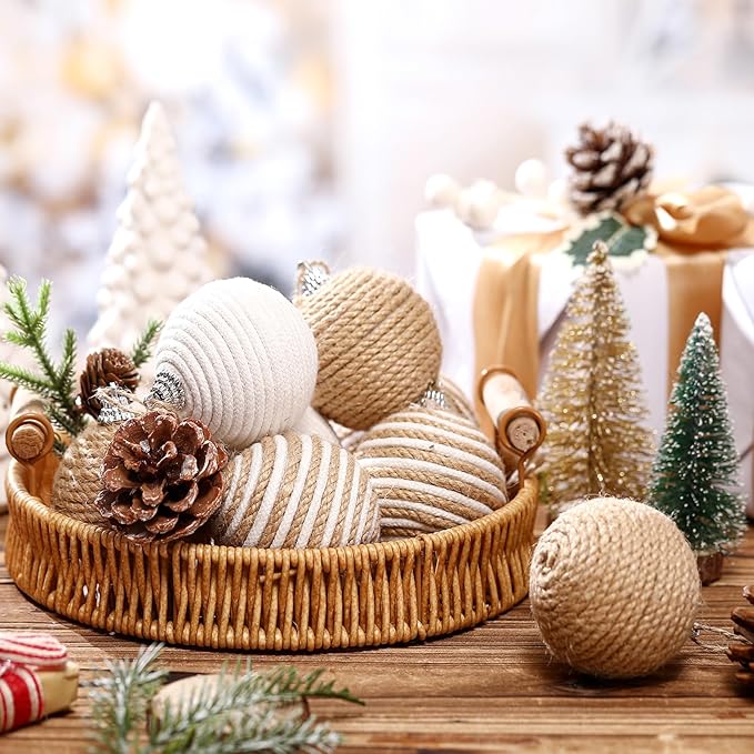 Syhood 9 Pcs 2.36 Inch Christmas Ball Ornaments Boho Farmhouse Jute Rope Hanging Balls Burlap Neutral Rustic Ornaments for Xmas Tree Holiday Wreath Garland Wedding Home(Linen, Cream White)