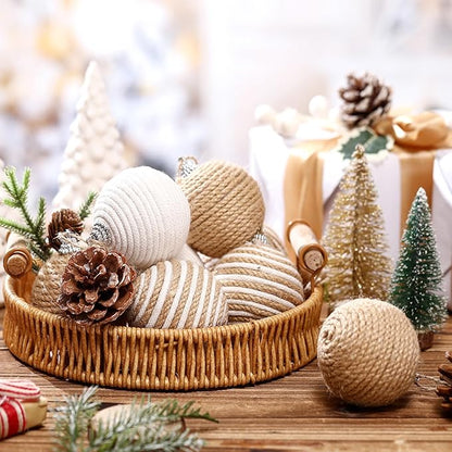 Syhood 9 Pcs 2.36 Inch Christmas Ball Ornaments Boho Farmhouse Jute Rope Hanging Balls Burlap Neutral Rustic Ornaments for Xmas Tree Holiday Wreath Garland Wedding Home(Linen, Cream White)