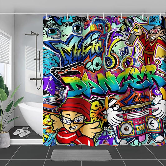 AILONEN Hip Hop Graffiti Shower Curtain for Bathroom,Colorful Graffiti Music Dancer Bathroom Curtain for Kids Boys Girls,Bath Curtain 48" W*72" H Polyester Waterproof Bathroom Curtain with 12 Hooks