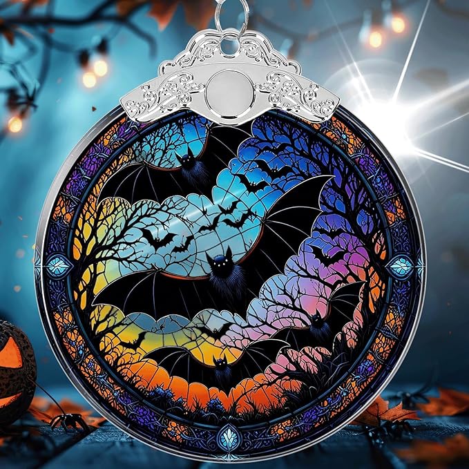 Bat Under Moonlight Halloween Christmas Tree Ornament Glass- Hanging Ornaments for Christmas Tree Decorations - Holiday Keepsake Present Exchange Idea