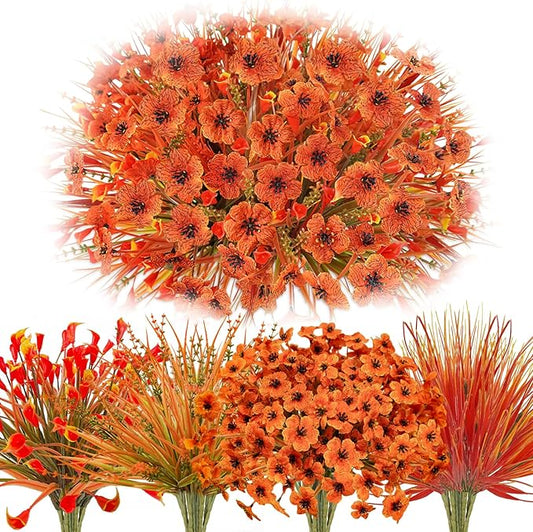 24 Pcs Artificial Fall Flowers, Fall Fake Plants UV Resistant Plastic Fall Flowers Bulk Faux Autumn Plants for Home Kitchen Porch Window Box Floral Arrangements Indoor Outdoor Decor